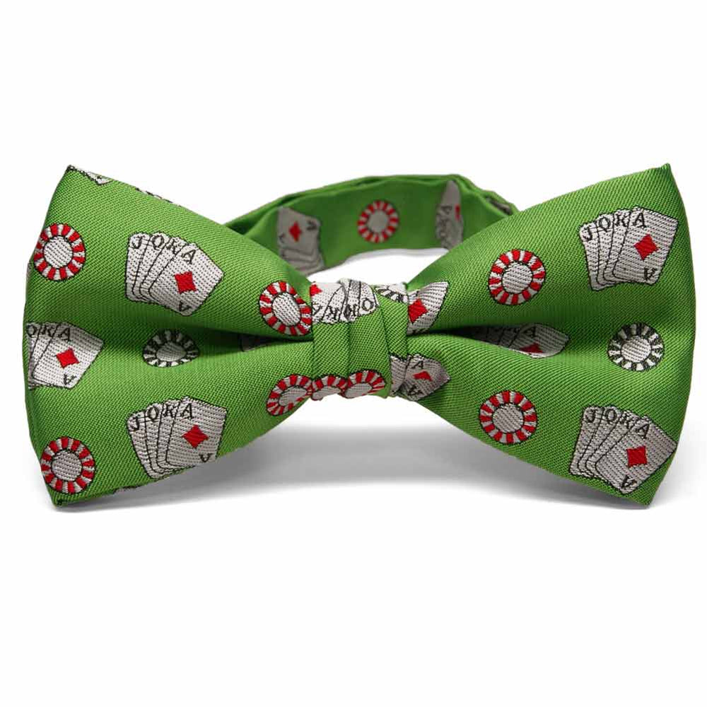 Palying card and poker chips theme bow tie in green.