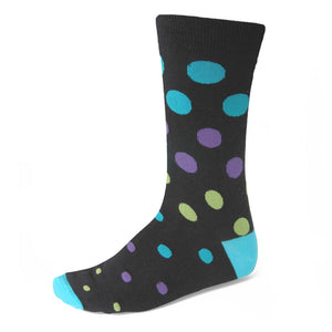 Gray men's dress socks with turquoise, purple and lime green polka dots descending from large to small