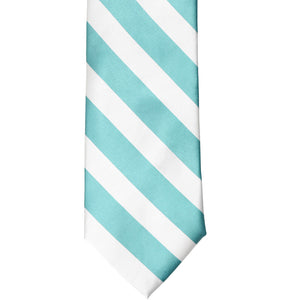 The front of a pool blue and white striped tie, laid out flat