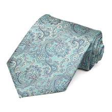 Load image into Gallery viewer, Light pool blue paisley tie, rolled to show off pattern