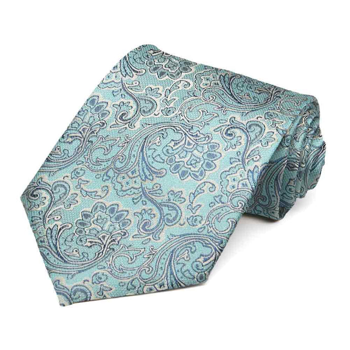 Light pool blue paisley tie, rolled to show off pattern