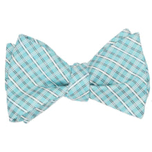 Load image into Gallery viewer, A tied self-tie bow tie in a pool blue and white plaid