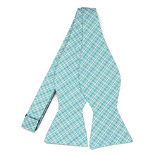 Load image into Gallery viewer, An untied aqua and white plaid self-tie bow tie