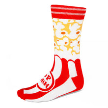 Load image into Gallery viewer, Men&#39;s popcorn theme socks on red, white and yellow