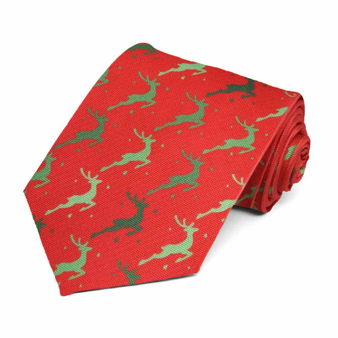 Green prancing reindeer on a red tie