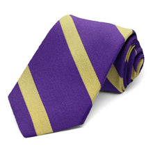 Load image into Gallery viewer, A purple and gold striped narrow tie, rolled to show off the stripes