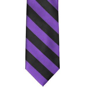 Flat front view of a purple and black striped tie