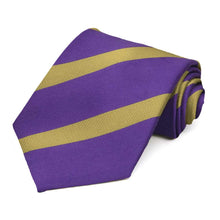 Load image into Gallery viewer, Rolled view of a purple and gold striped extra long necktie
