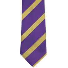 Load image into Gallery viewer, Front view of a purple and gold striped extra long tie 