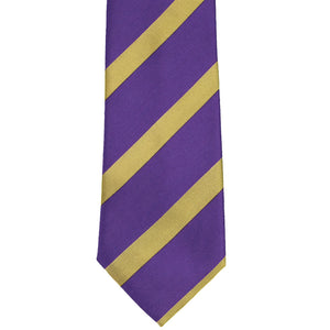 Front view of a purple and gold striped extra long tie 