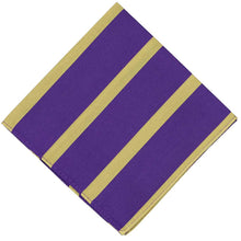 Load image into Gallery viewer, A purple and gold striped pocket square, folded into a diamond
