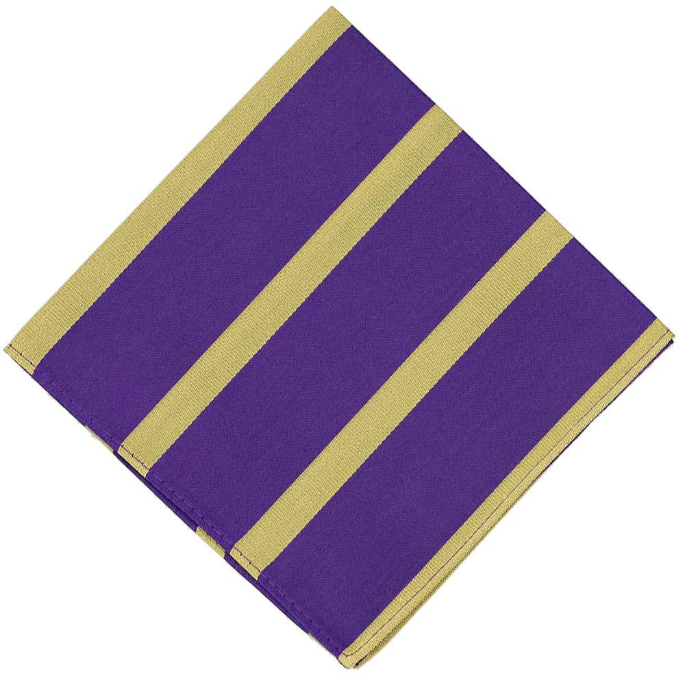 A purple and gold striped pocket square, folded into a diamond