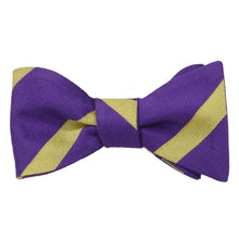 Load image into Gallery viewer, A purple and gold striped self-tie bow tie, tied