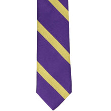 Load image into Gallery viewer, The front bottom view of a purple and gold striped tie