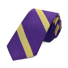 Load image into Gallery viewer, Purple and gold striped skinny tie, rolled to show the texture of the stripes