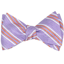 Load image into Gallery viewer, A purple and orange striped self-tie bow tie, tied