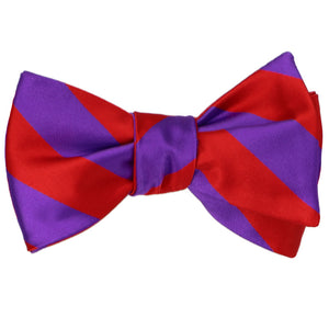 Purple and red striped self-tie bow tie, tied