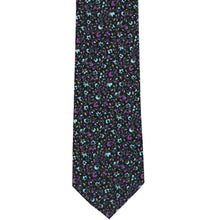 Load image into Gallery viewer, The front of a purple and turquoise slim floral tie, laid out flat