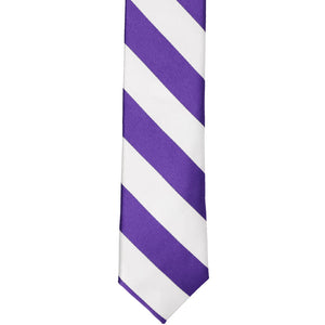 The front of a purple and white striped skinny tie, laid out flat