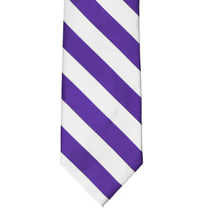 Front flat view of a purple and white striped tie