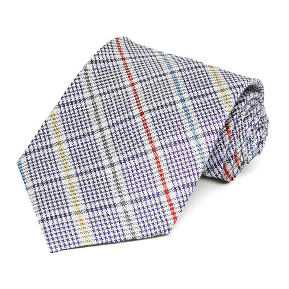Colorful glen plaid necktie, rolled to show stripes and texture