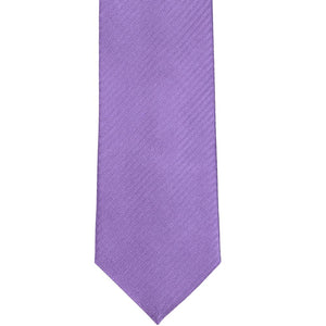 The front view of a purple solid color herringbone pattern tie