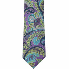Load image into Gallery viewer, Purple, turquoise and lime green detailed paisley tie