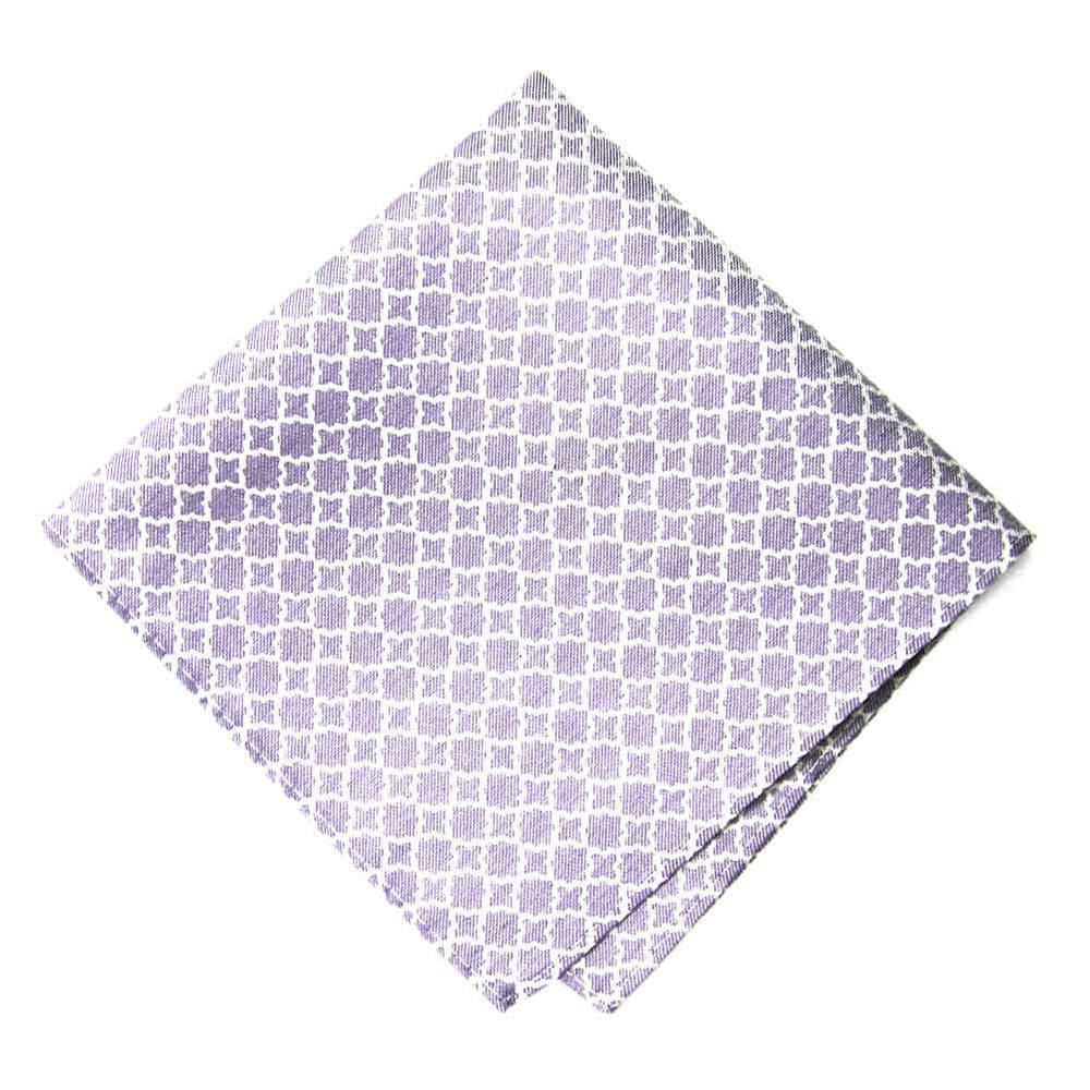 A folded light purple pocket square with a white trellis pattern