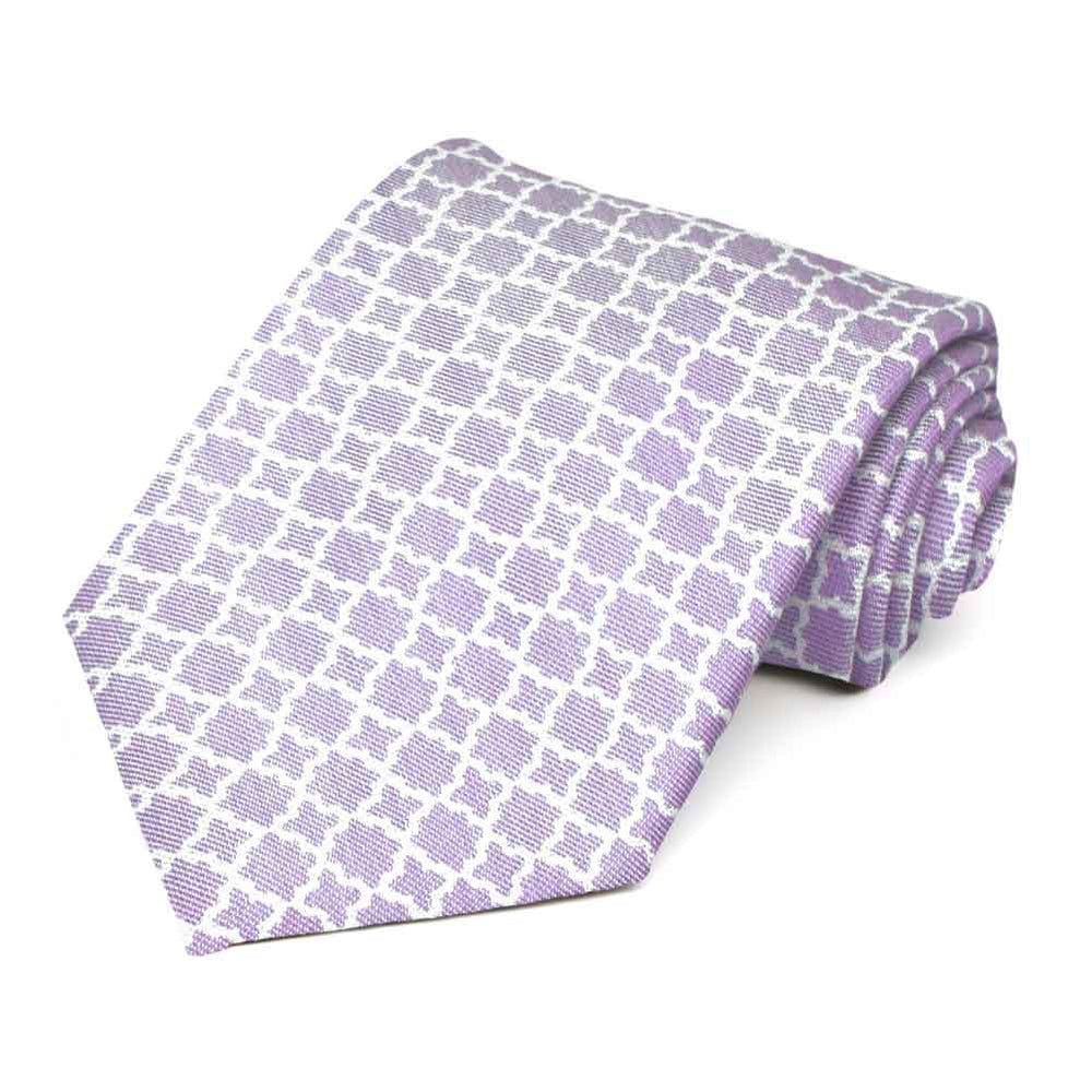 Light purple extra long tie, rolled to show the white trellis design