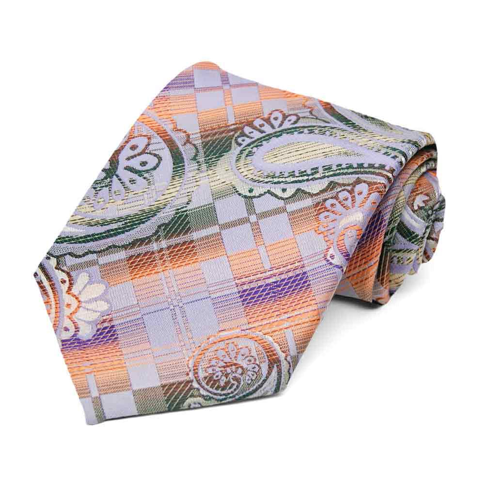 Purple green and orange paisley necktie, rolled view