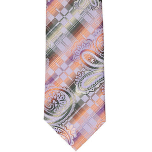 Front bottom view lilac and orange plaid tie