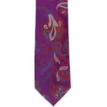 Load image into Gallery viewer, Bottom front view of a bright purple paisley necktie
