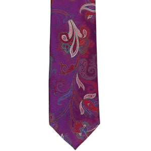 Bottom front view of a bright purple paisley necktie