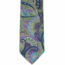 Load image into Gallery viewer, Front view of a purple, lime green and turquoise paisley extra long tie