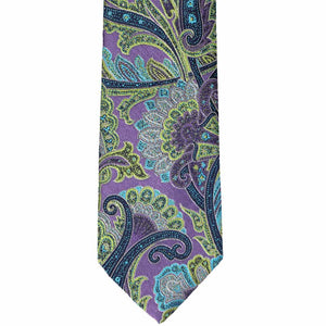 Front view of a purple, lime green and turquoise paisley extra long tie