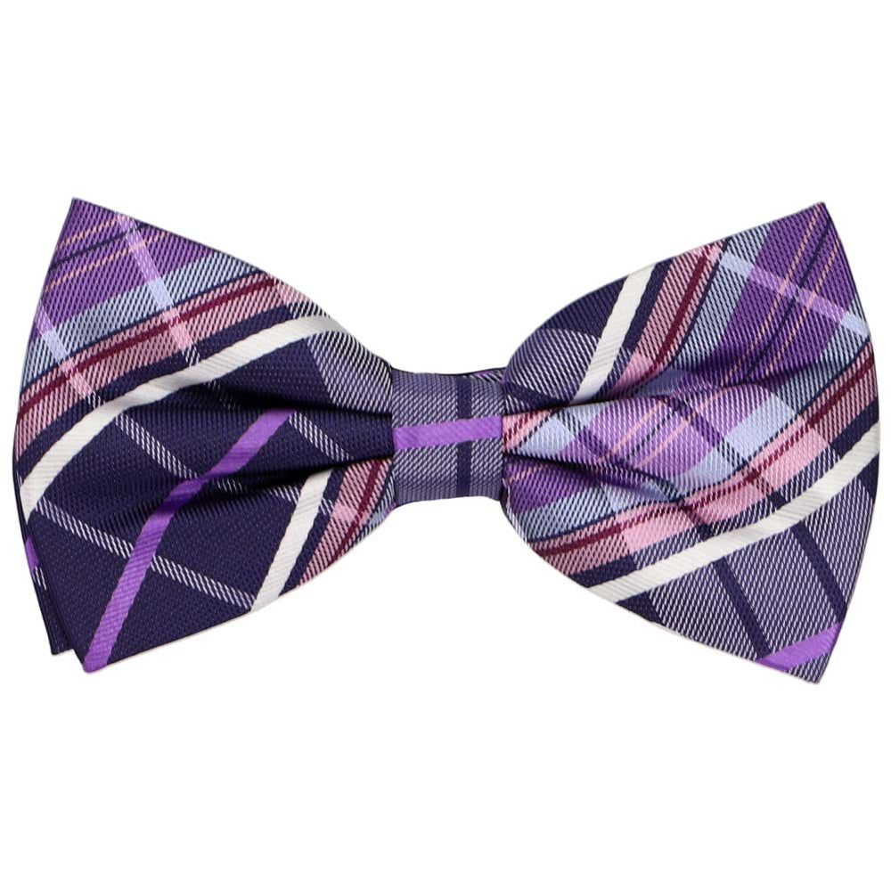 A plaid pre-tied bow tie in shades of pink and purple
