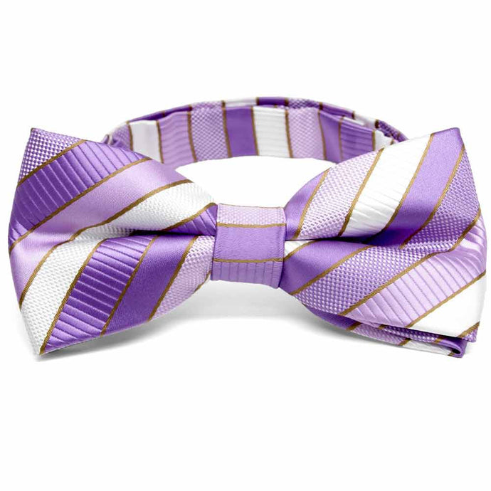 Front view of a purple, white and gold striped bow tie