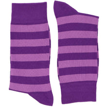 Load image into Gallery viewer, A pair of folded striped socks in shades of purple
