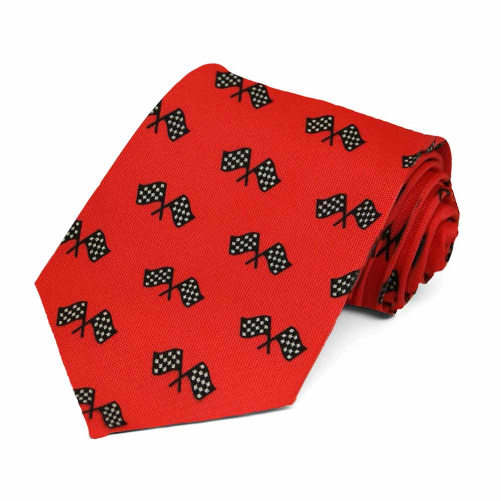 Checkered racing flags on a bright red tie
