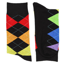 Load image into Gallery viewer, Pair of rainbow argyle socks, folded in half