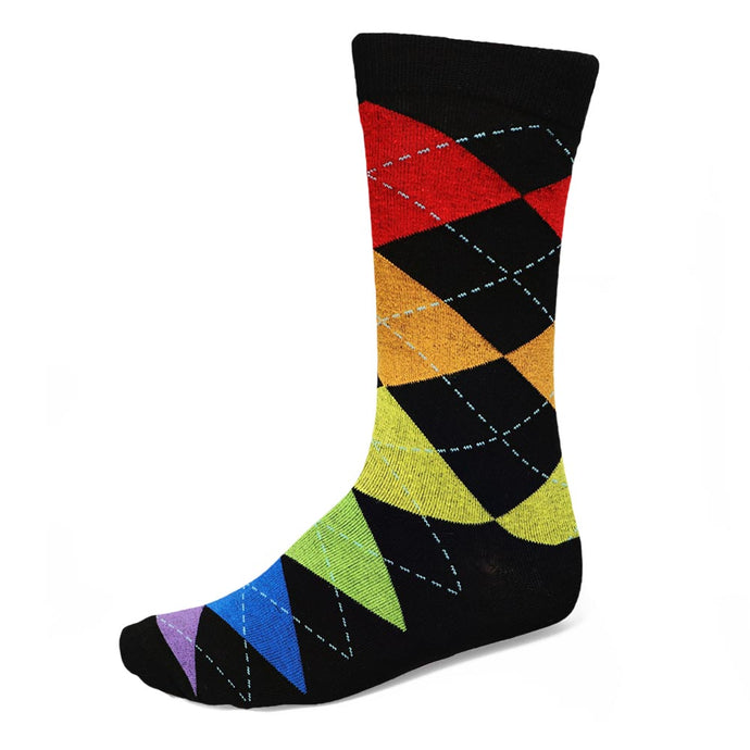 Black dress sock with rainbow argyle pattern