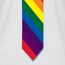 Load image into Gallery viewer, Closeup of rainbow tie printed on white t-shirt
