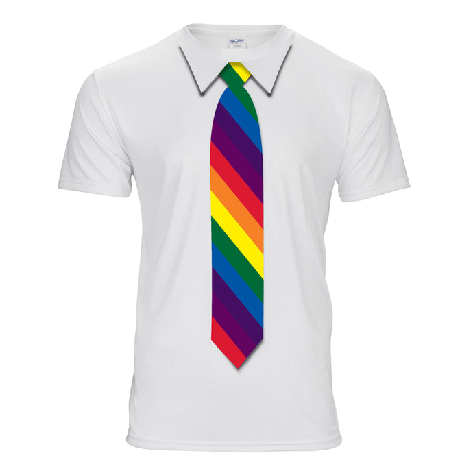 White t-shirt with a rainbow tie printed on it