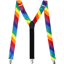 Load image into Gallery viewer, A pair of striped suspenders in rainbow colors, displayed in an M to show off clips and y-design