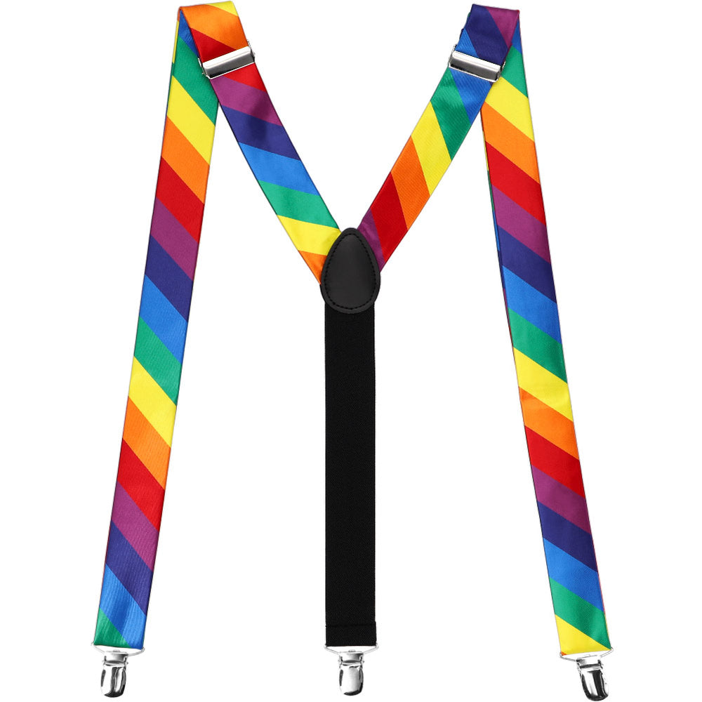 A pair of striped suspenders in rainbow colors, displayed in an M to show off clips and y-design
