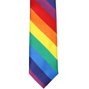 The front of a rainbow striped slim tie, laid out flat