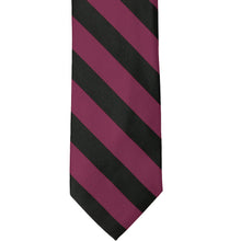 Load image into Gallery viewer, The front of a raspberry and black striped tie, laid out flat