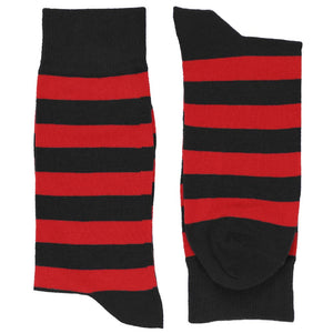 Pair of men's red and black striped socks with horizontal stripes