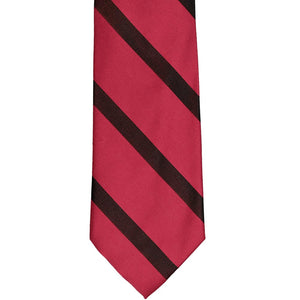 The front view of a black and red striped tie