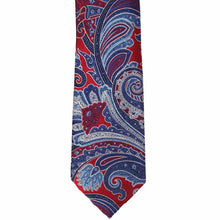 Load image into Gallery viewer, Crimson red and blue detailed paisley necktie, front view